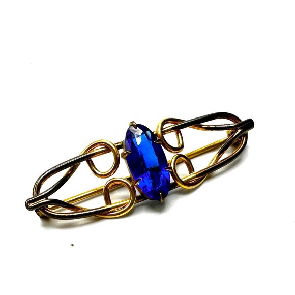 Edwardian Gold-Filled Blue Glass Brooch—Emerald Cut Shaped Faceted Glass – GUC - Picture 1 of 9